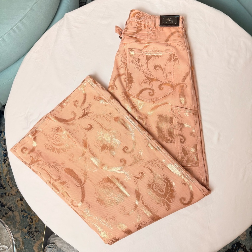 ETRO Milano FW18 Metallic Rose Gold Signature Paisley Carpenter Jeans 30 Italy